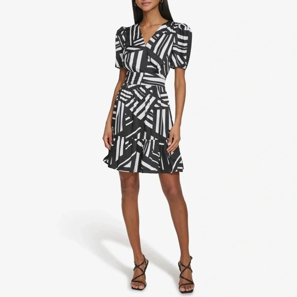 Karl Lagerfeld Short Sleeve Surplice Mini Dress - Size 10 - Black/White - NWT - Picture 1 of 13